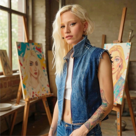 Alzang x Lulatagg ✦ Reworked Denim Patchwork Shirt ✦ Sleeveless Zip Top L NWT - Picture 13 of 15